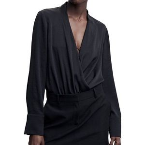 Forever 21 Black Satin Long Sleeve Crossover Blouse Top